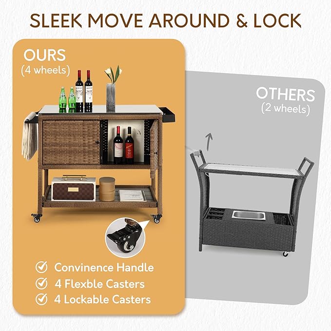 Wicker Outdoor Bar Cart with 4 Lockable Casters, Patio Prep Stainless Table with 2 Ratten Doors Storage Cabinet,Island Cart with WPC Shelf for Grill, Kitchen and Garden, Brown