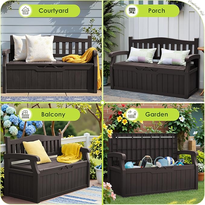 Greesum 80 Gallon Outdoor Storage Bench, Resin Patio Furniture with Armrest,Waterproof and UV-Resistant, Perfect to Garden, Poolside and Lawn, Dark Brown