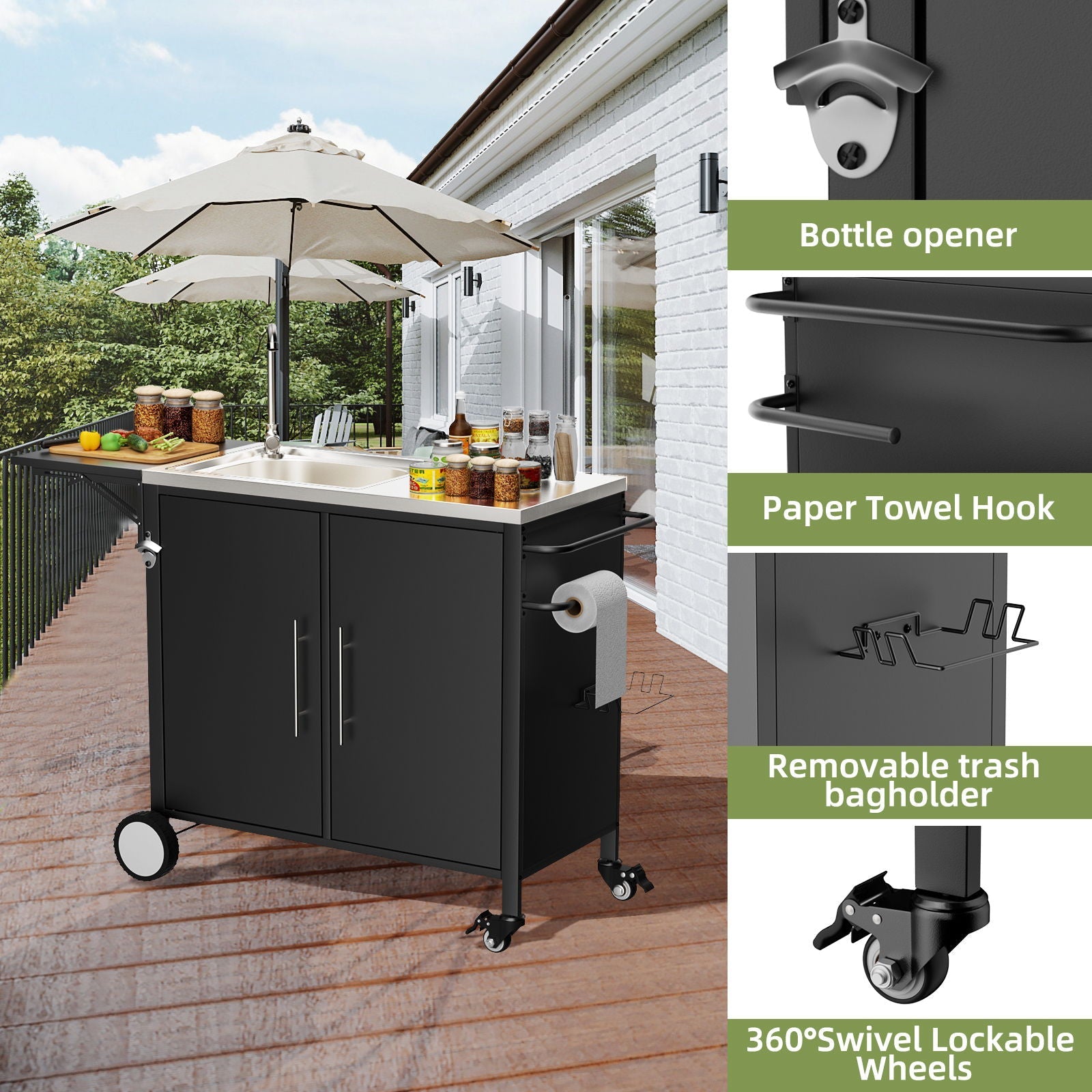 Outdoor Grill Table With Sink, Worktable Kitchen Cabinet Island With Wheels & Foldable Top - Black