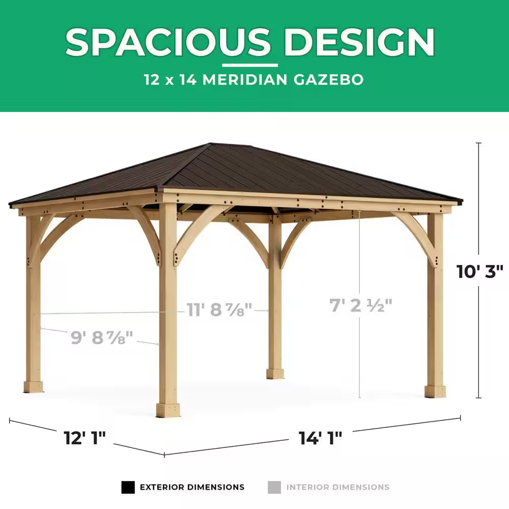 DIY Meridian 12 Ft. X 12 Ft. Cedar Wood Outdoor Gazebo Kit with Hardtop Metal Roof - Permanent Covered Patio Shade