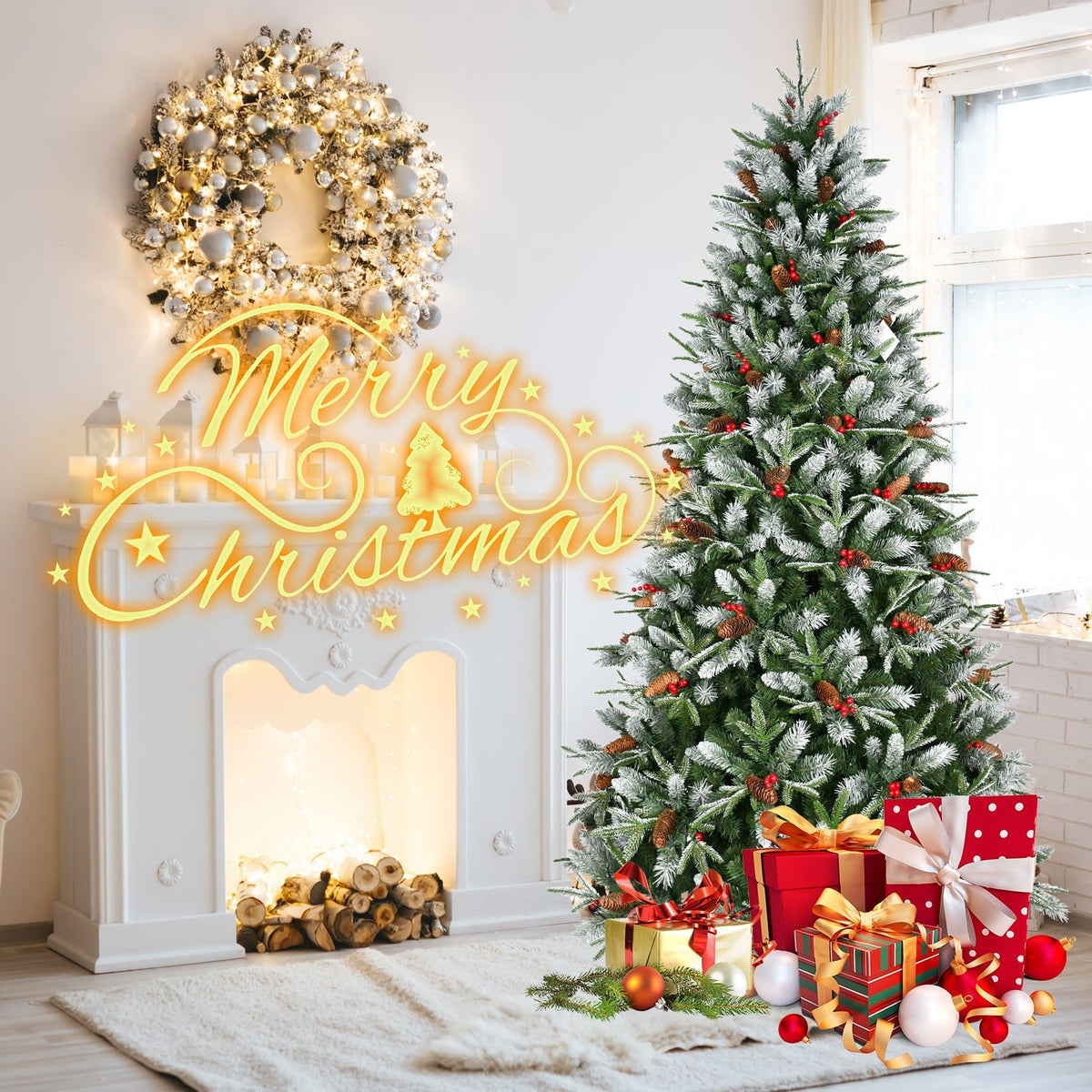 7.5-Foot Snow-Tipped Woodland Christmas Tree with Berries and Pine Cones - Green/White