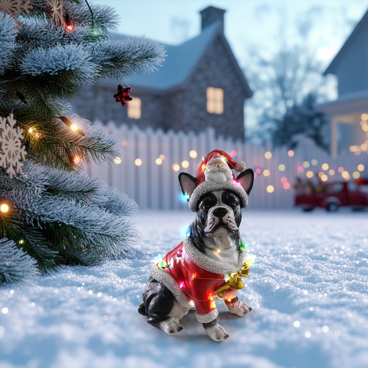 Christmas French Bulldog Statue with Santa Outfit - Holiday Dog Figurine