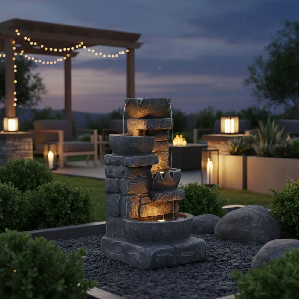 Zen Garden 33 In. Stone-Texture Polyresin Cascading Waterfall Fountain with LED Lights