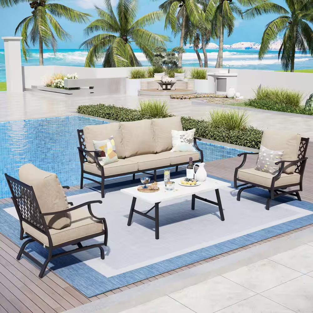 Metal 5 Seat 4-Piece Steel Outdoor Patio Conversation Set with Rocking Chairs, Beige Cushions and Marble Pattern Table