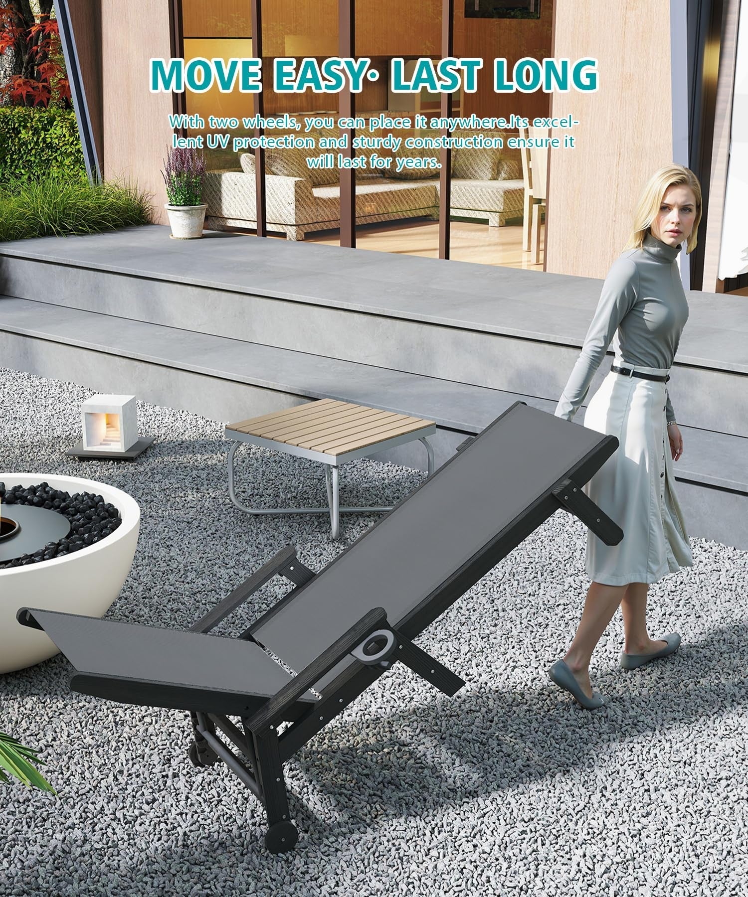 Lounge Chair Outdoor, HDPE Chaise Lounge with Wheels and Adjustable Recliner