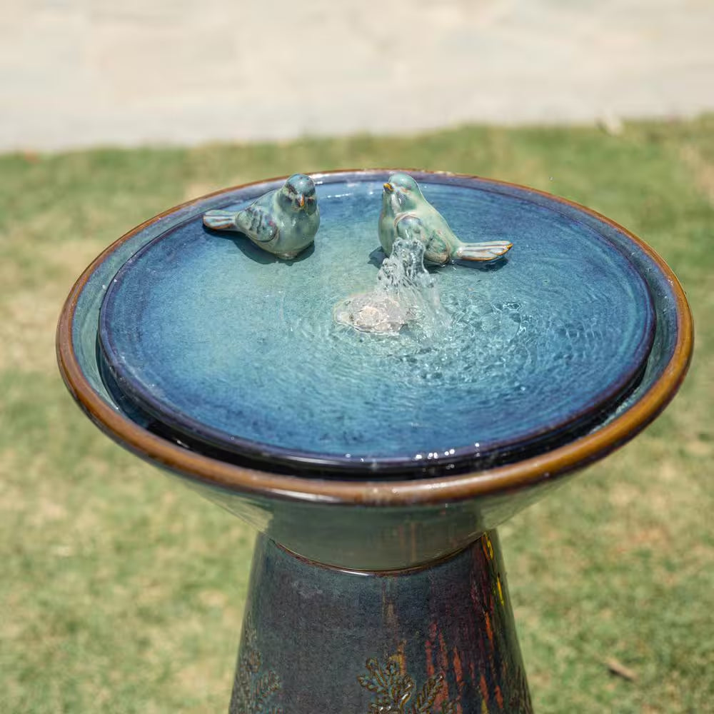 27.5 In. H Turquoise 2 Birds Embossed Plant Pattern Pedestal Ceramic Fountain with Pump and LED Light (KD)