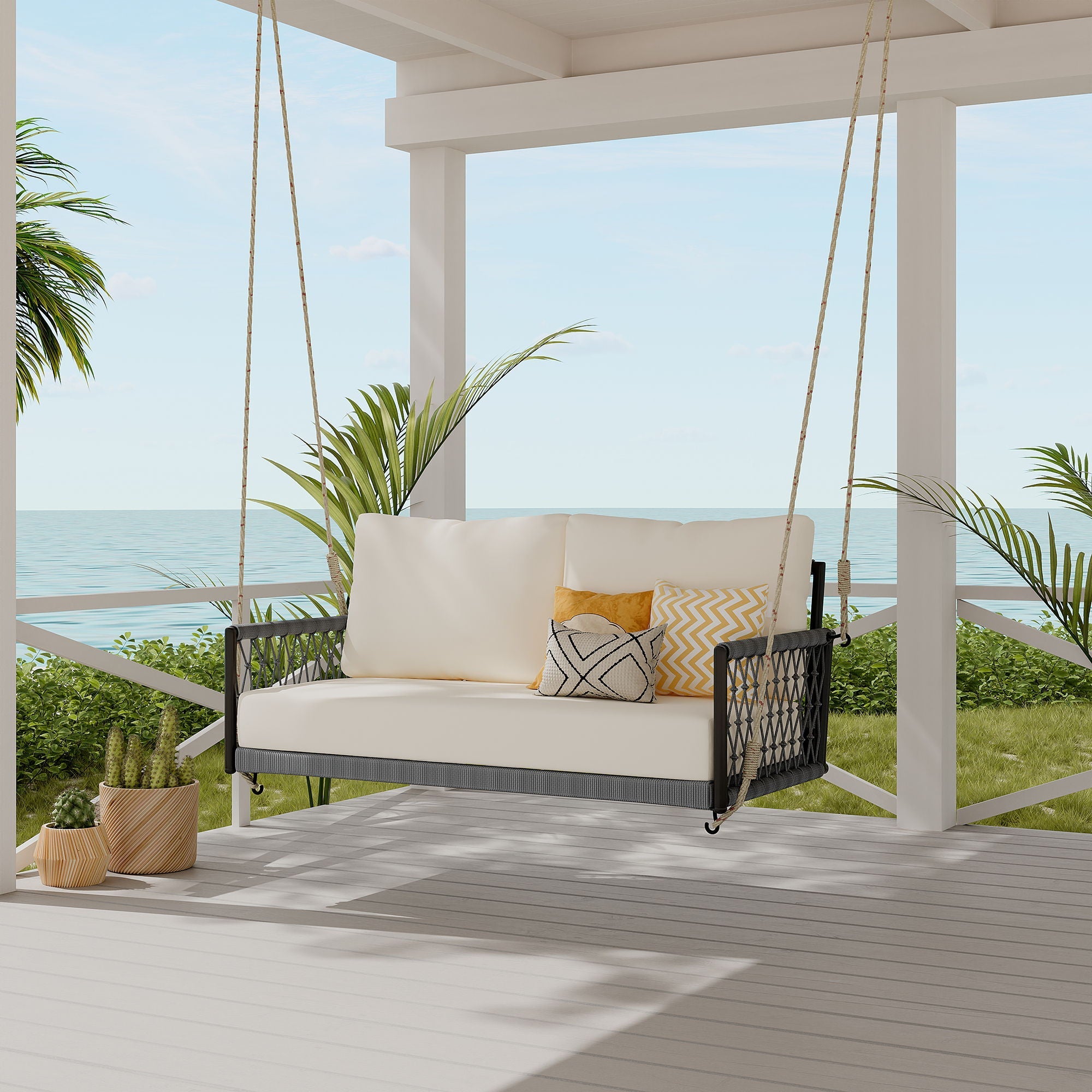 Outdoor Swing Sofa With Soft Cushions For Patio - Beige
