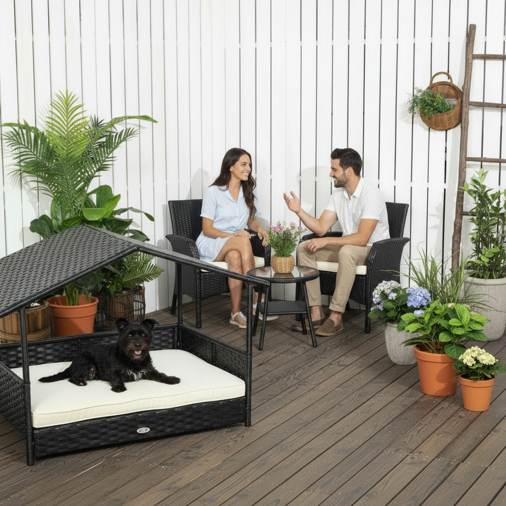 PawHut Wicker Dog House Outdoor with Canopy