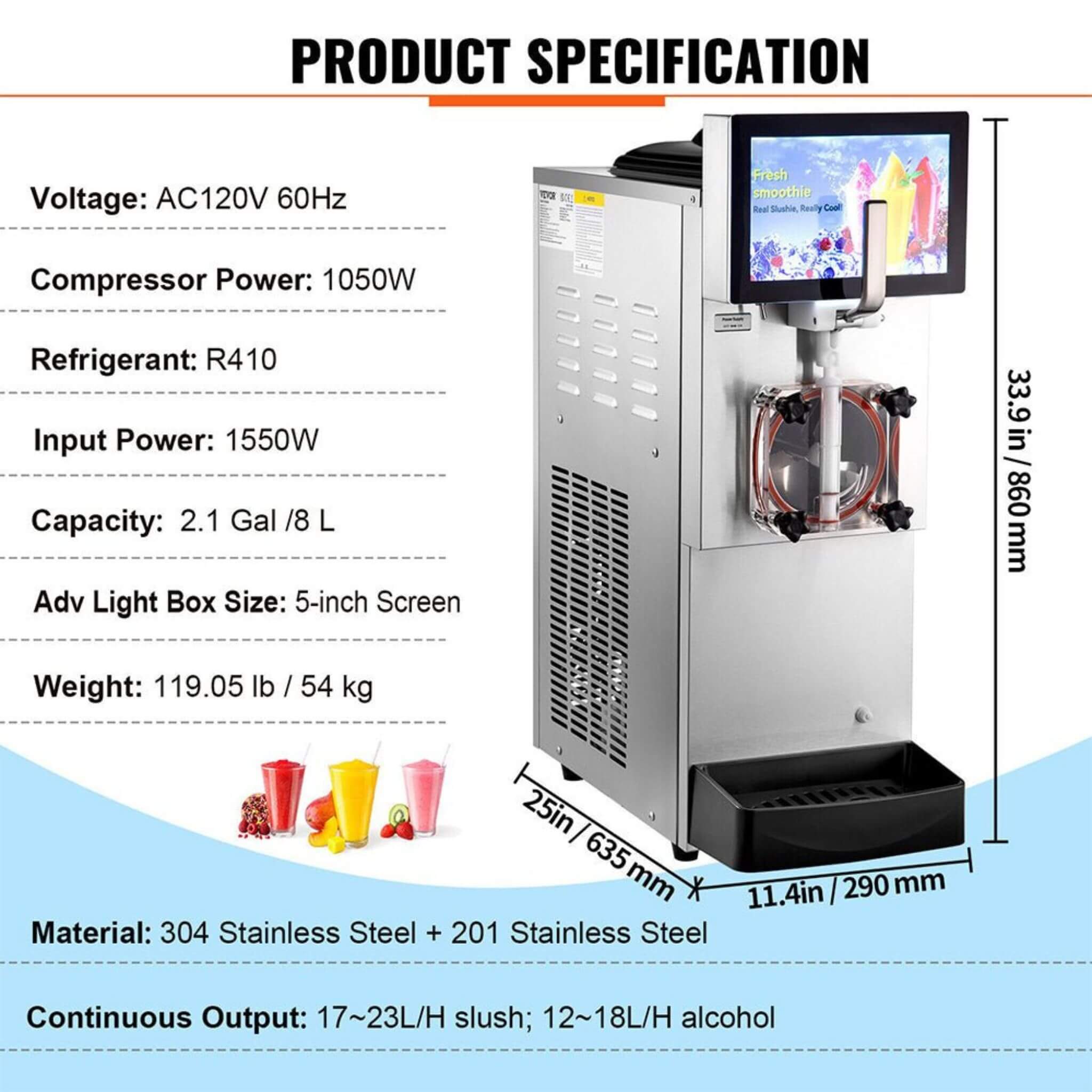 8L Commercial 1050W Single Frozen Margarita Ice Slushy Drink Maker Machine
