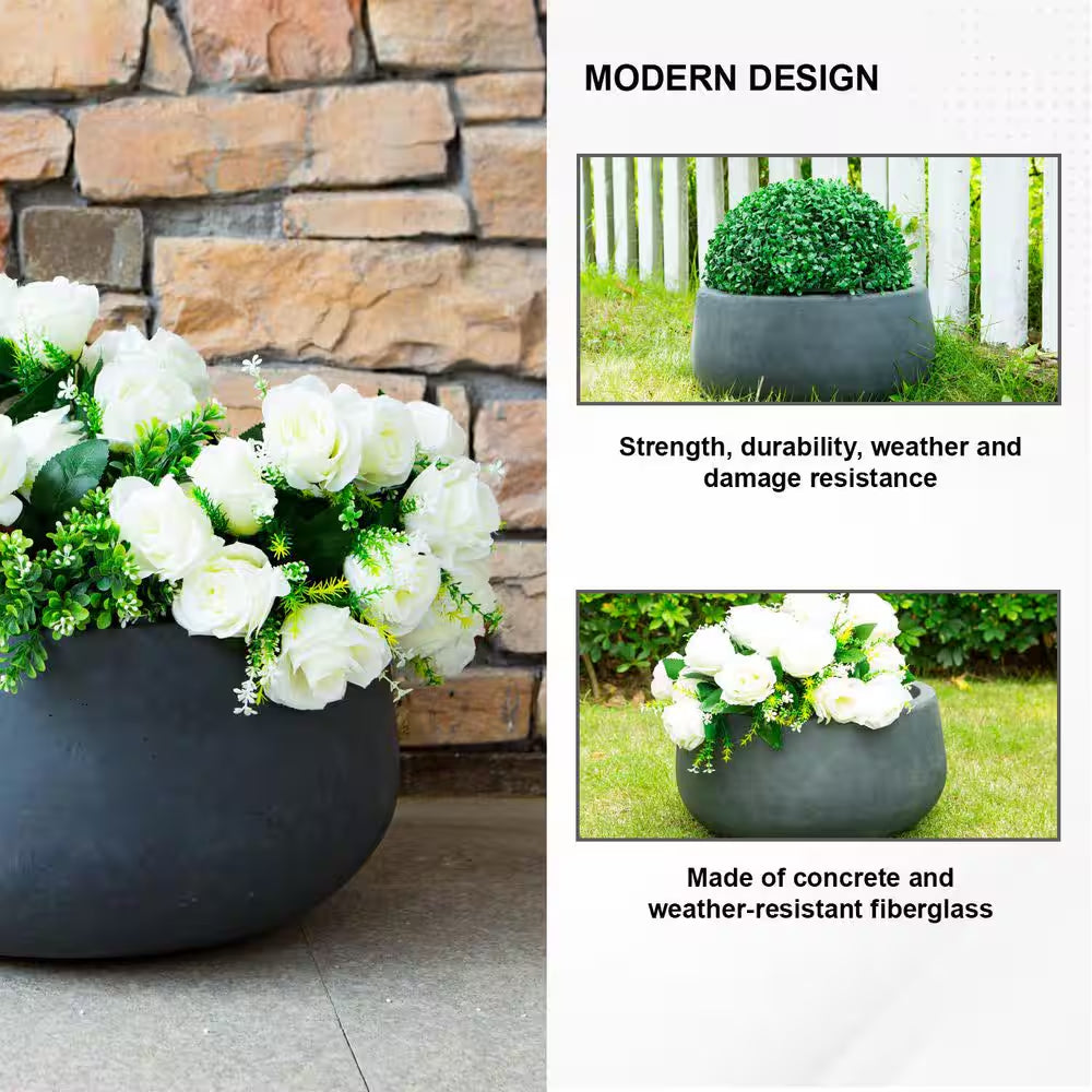 Medium 10 In. Tall Charcoal Lightweight Concrete round Outdoor Bowl Planter