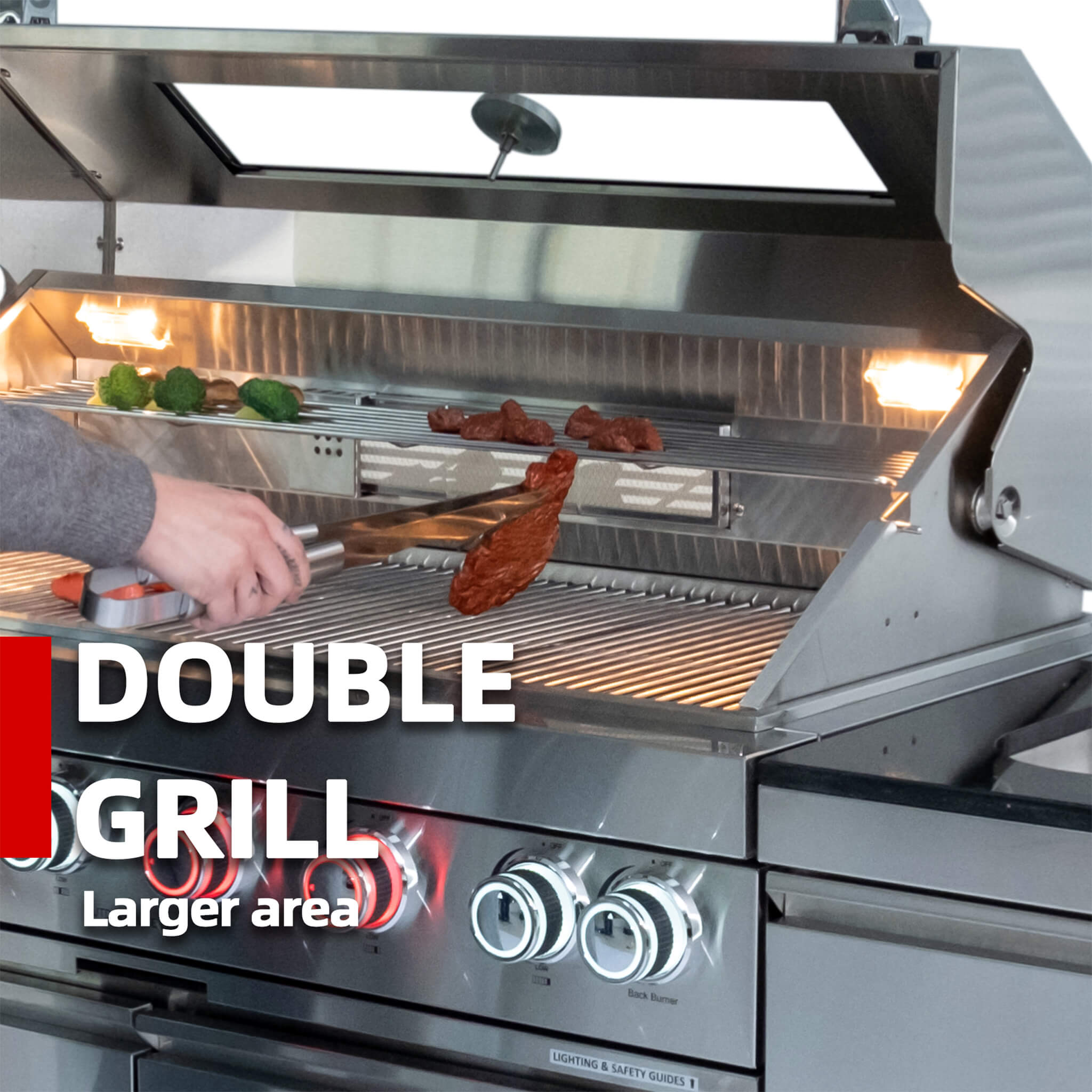 Castelle Flame Astoria 94-Inch 6-Burner 85K BTU Outdoor Kitchen Liquid Propane Grill Island With Wine Cooler, Rotisserie, Cabinets, And Granite Countertops (SAK68014)