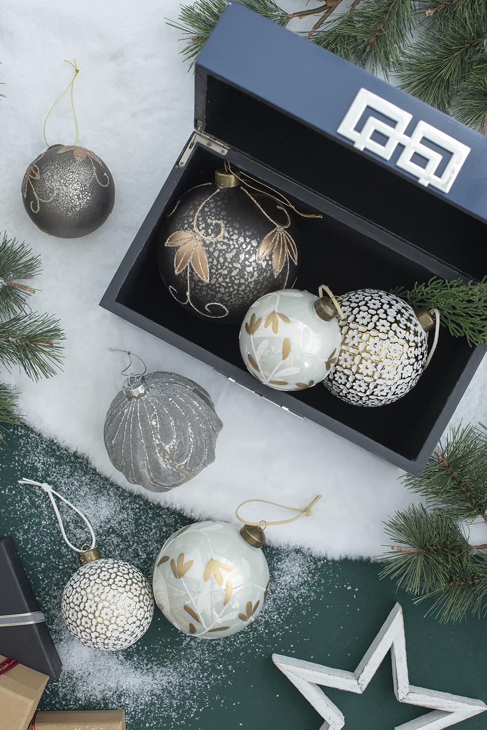 Decorative Hanging Glass Christmas Ball Ornaments - Set of 6 with Elegant Glass Design - Pearl Silver or Purple