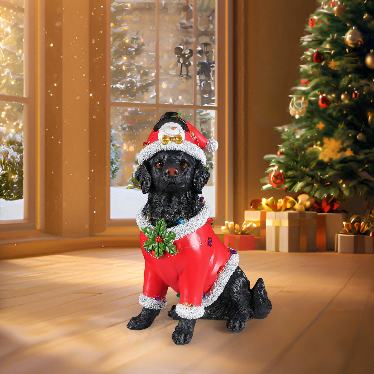 Christmas Dog Statue with Santa Outfit - Black Retriever Holiday Figurine