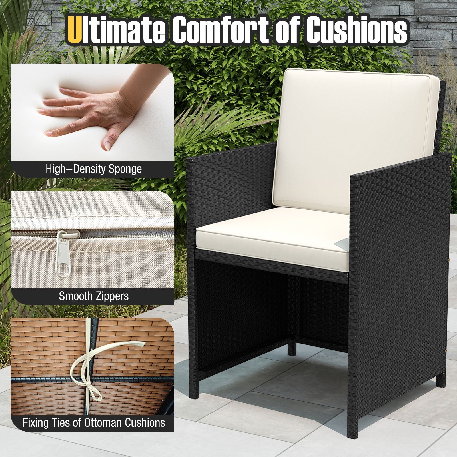 9 Piece Patio Dining Set with Tempered Glass Table and Ottoman-White