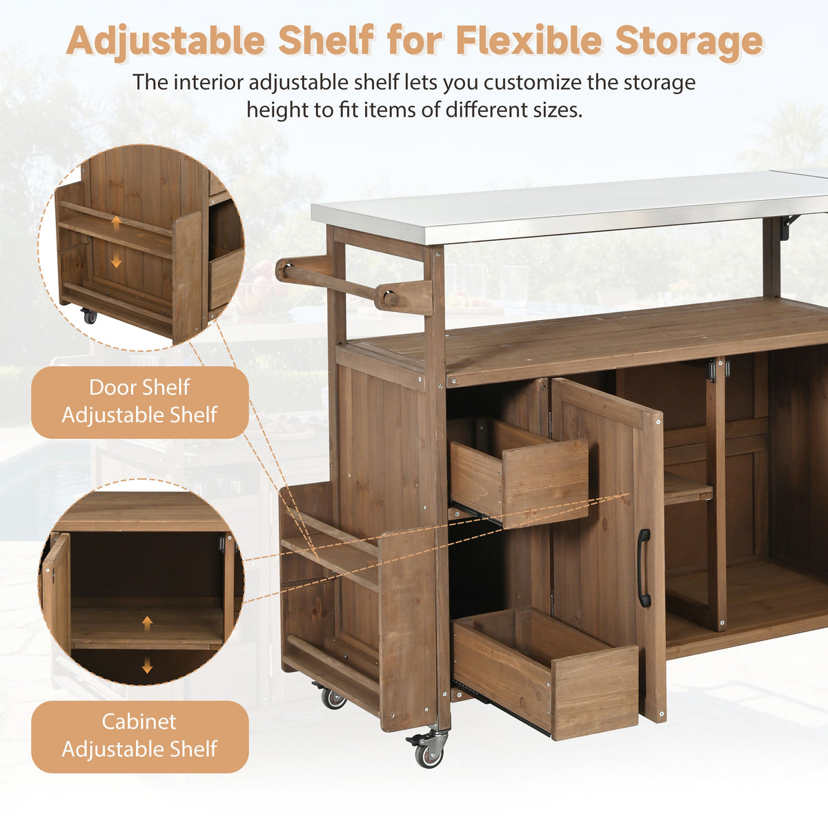 Farmhouse Rolling Outdoor Kitchen Cart with Stainless Steel Top - Natural Wood