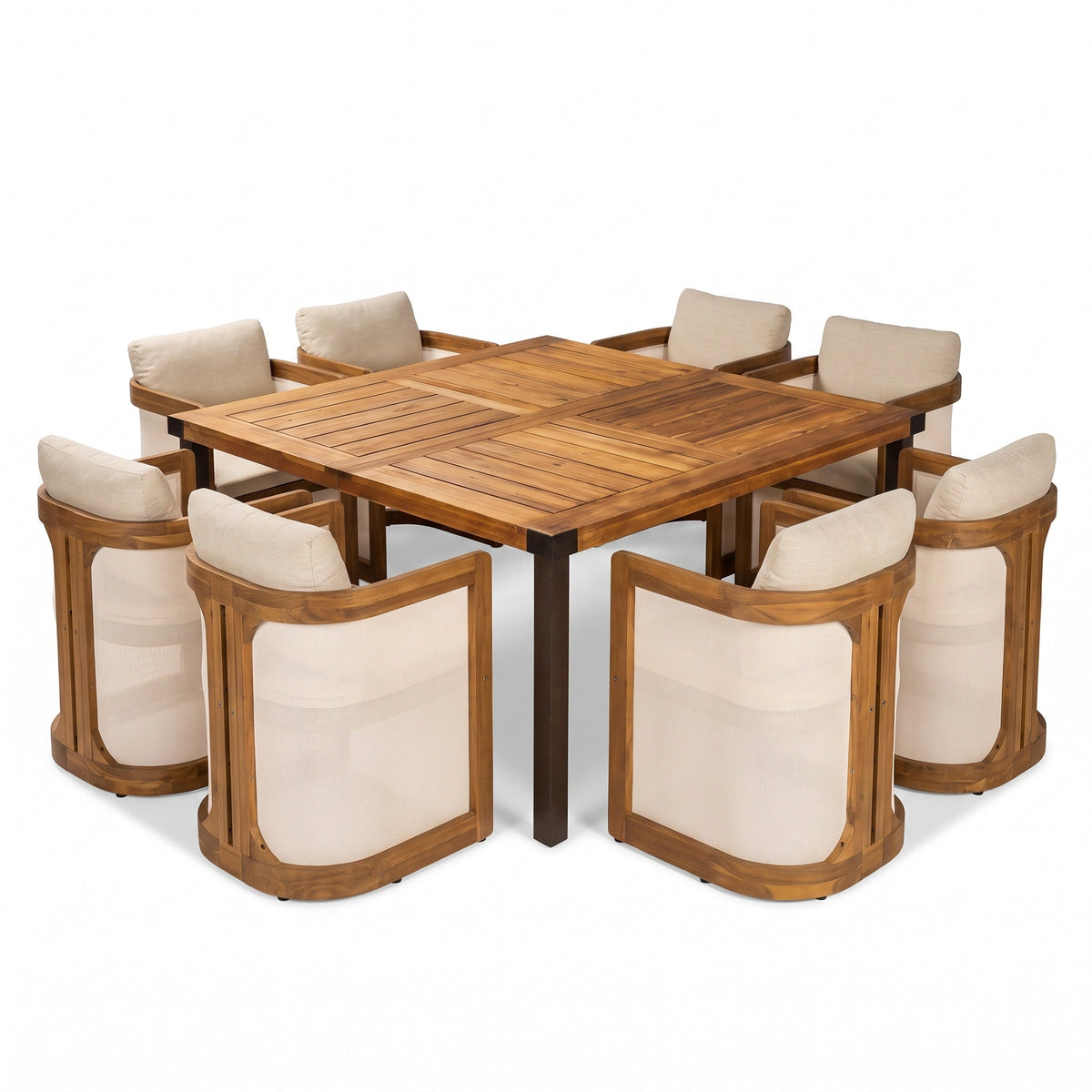 9‑Piece Outdoor Patio Dining Set, 64" Square Acacia Wood Dining Table with Metal Legs & 8 Pcs Acacia Wood Dining Chairs with
