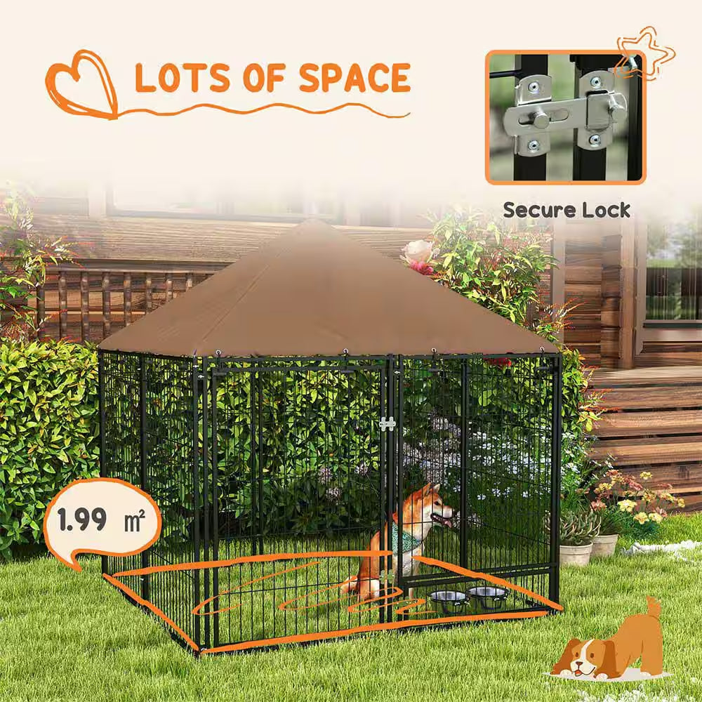 59.5 In. H Metal Garden Fence Outdoor Dog Kennel with Canopy and Rotating Bowl