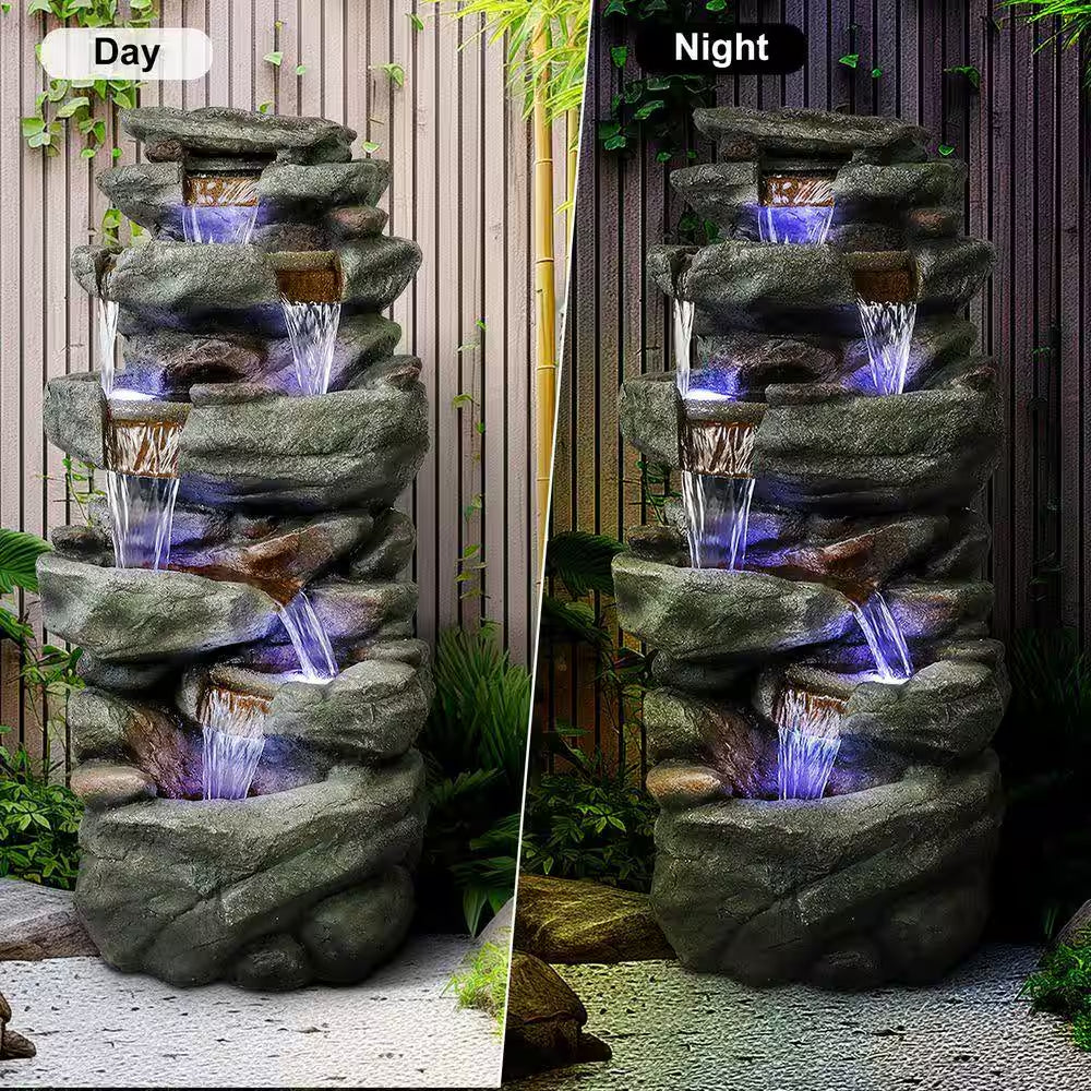 40. 5In. Outdoor Waterfall Fountain 6-Tiered Cascading Relaxation Garden Fountain W/Led Lights for Home and Office Decor