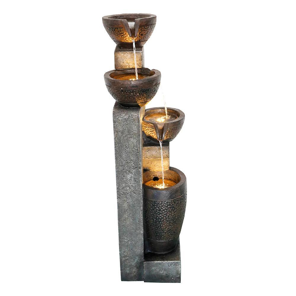 40 In. Resin Fiber Modern Outdoor Fountain, 4-Tier Garden Water Feature W/Soothing Sounds & LED Lights for House Office