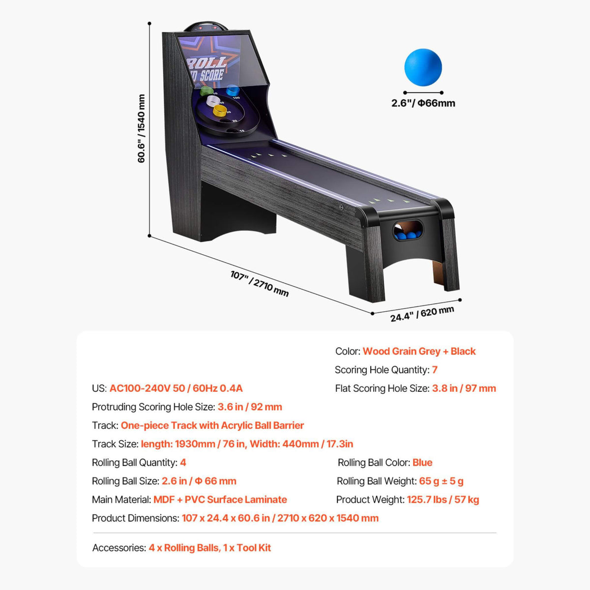 9FT Roll And Score Game Table With Automatic Ball Return