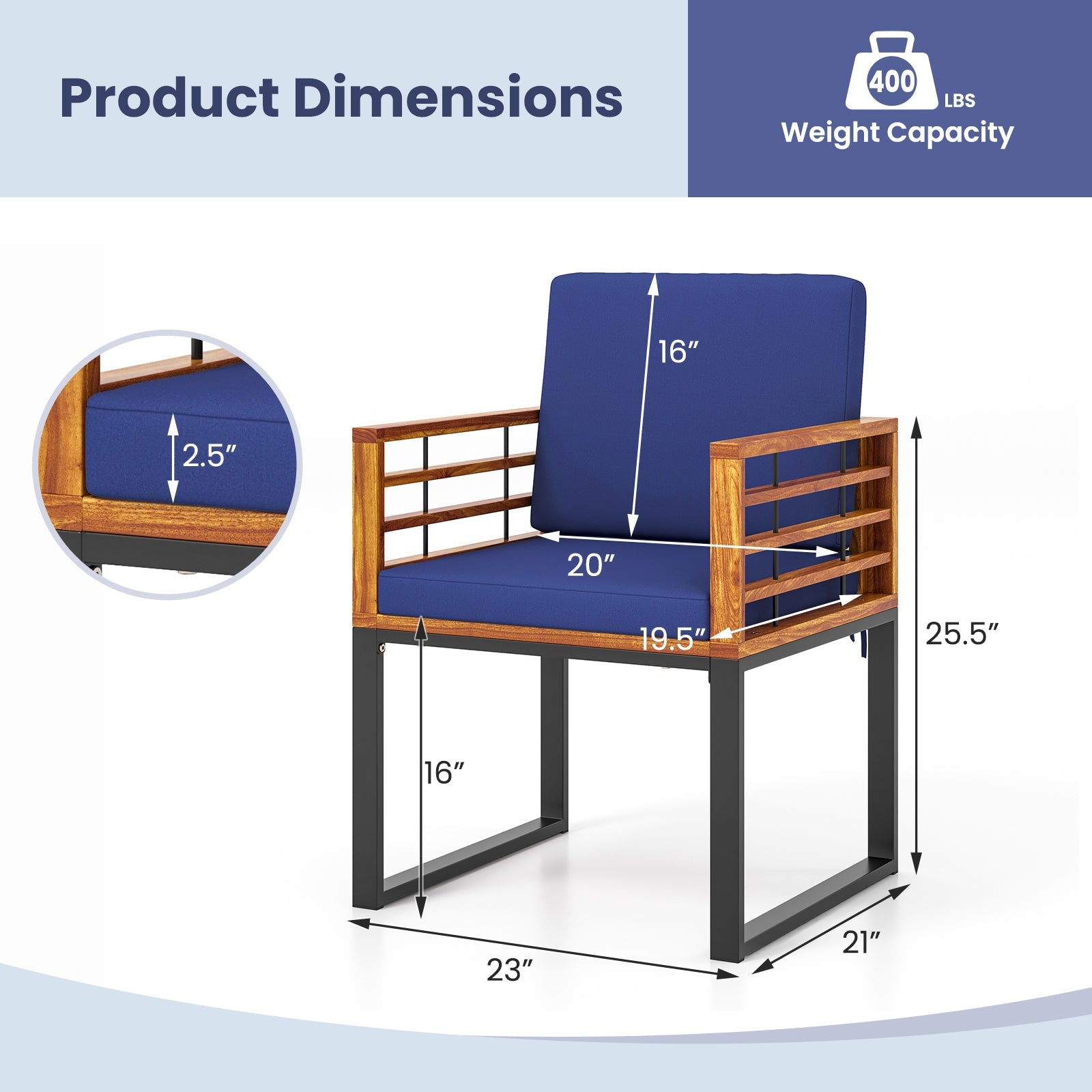 Acacia Wood Outdoor Dining Chairs Set of 2 with Soft Cushions-Navy
