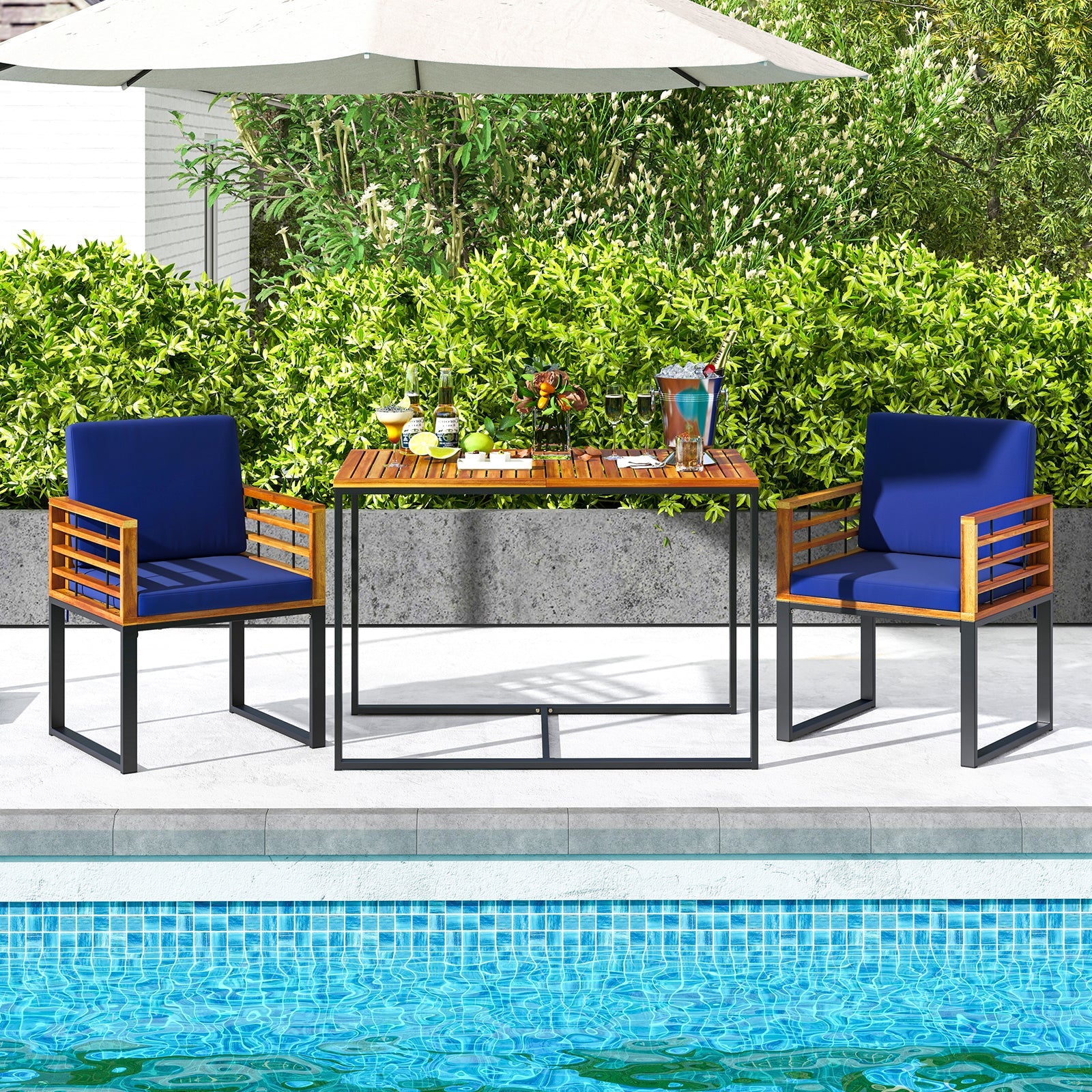 Acacia Wood Outdoor Dining Chairs Set of 2 with Soft Cushions-Navy