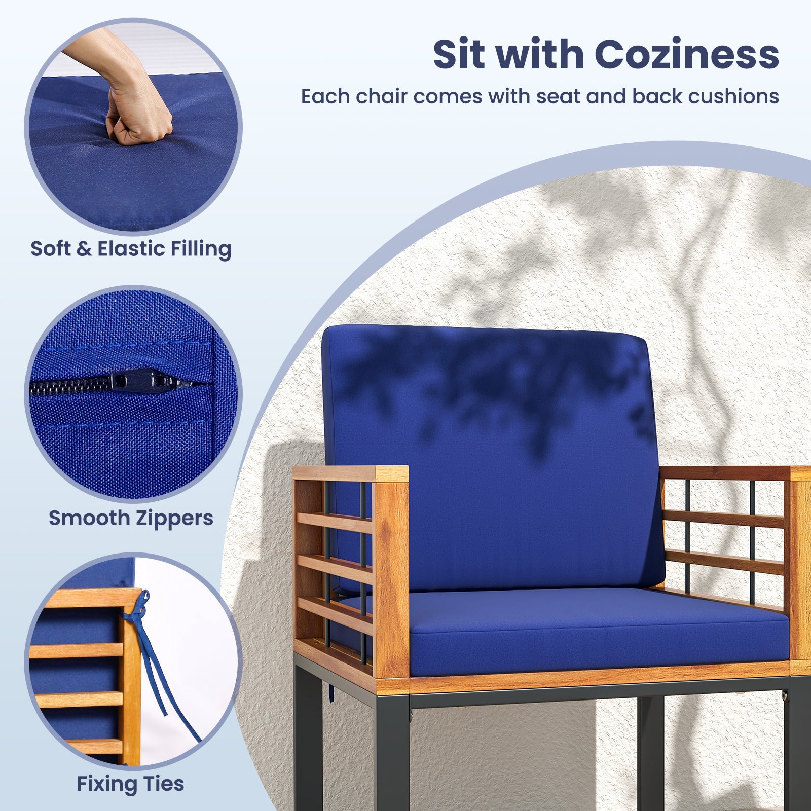Acacia Wood Outdoor Dining Chairs Set of 2 with Soft Cushions-Navy