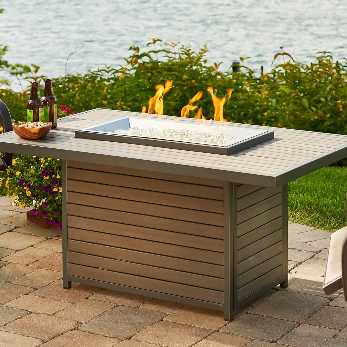 Kenwood and Brooks Rectangular Chat Height Gas Fire Pit Table