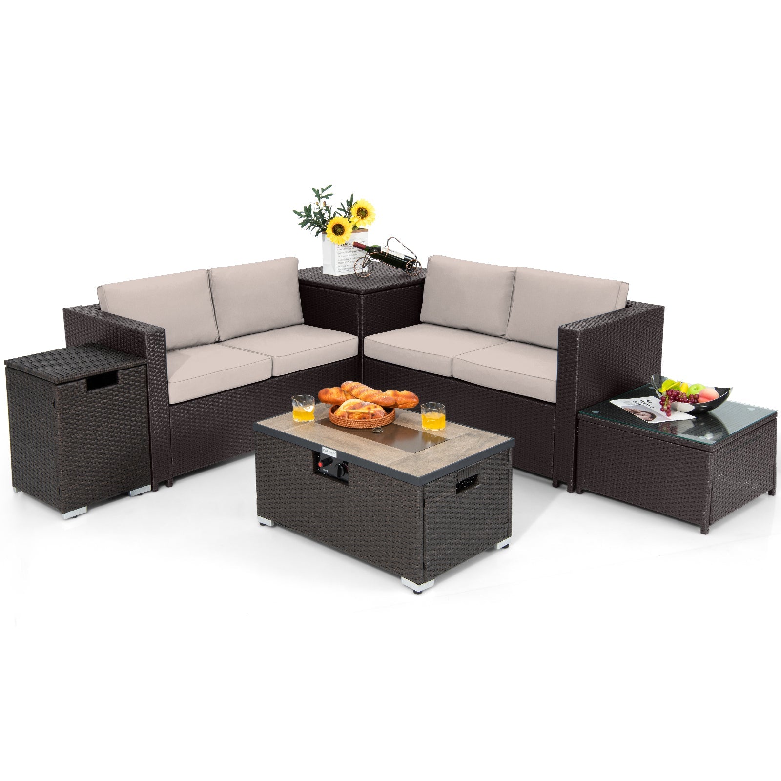 6 Pieces Outdoor Wicker Furniture Set with 32 Inch Propane Fire Pit Table-Beige