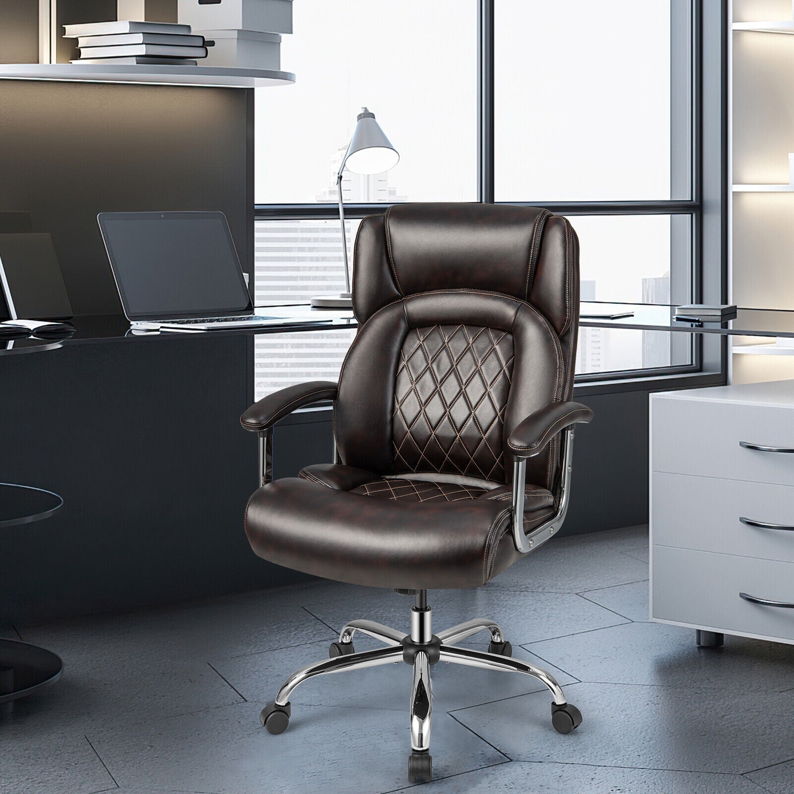 Height Adjustable Big and Tall Office Chair Computer Desk Chair with Metal Base-Brown
