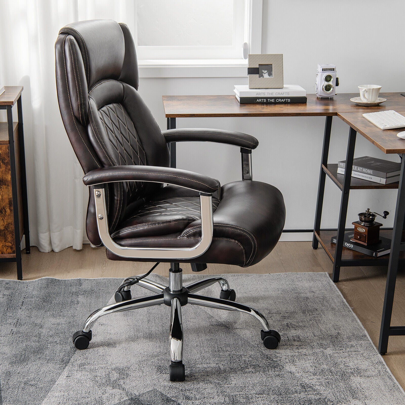Height Adjustable Big and Tall Office Chair Computer Desk Chair with Metal Base-Brown