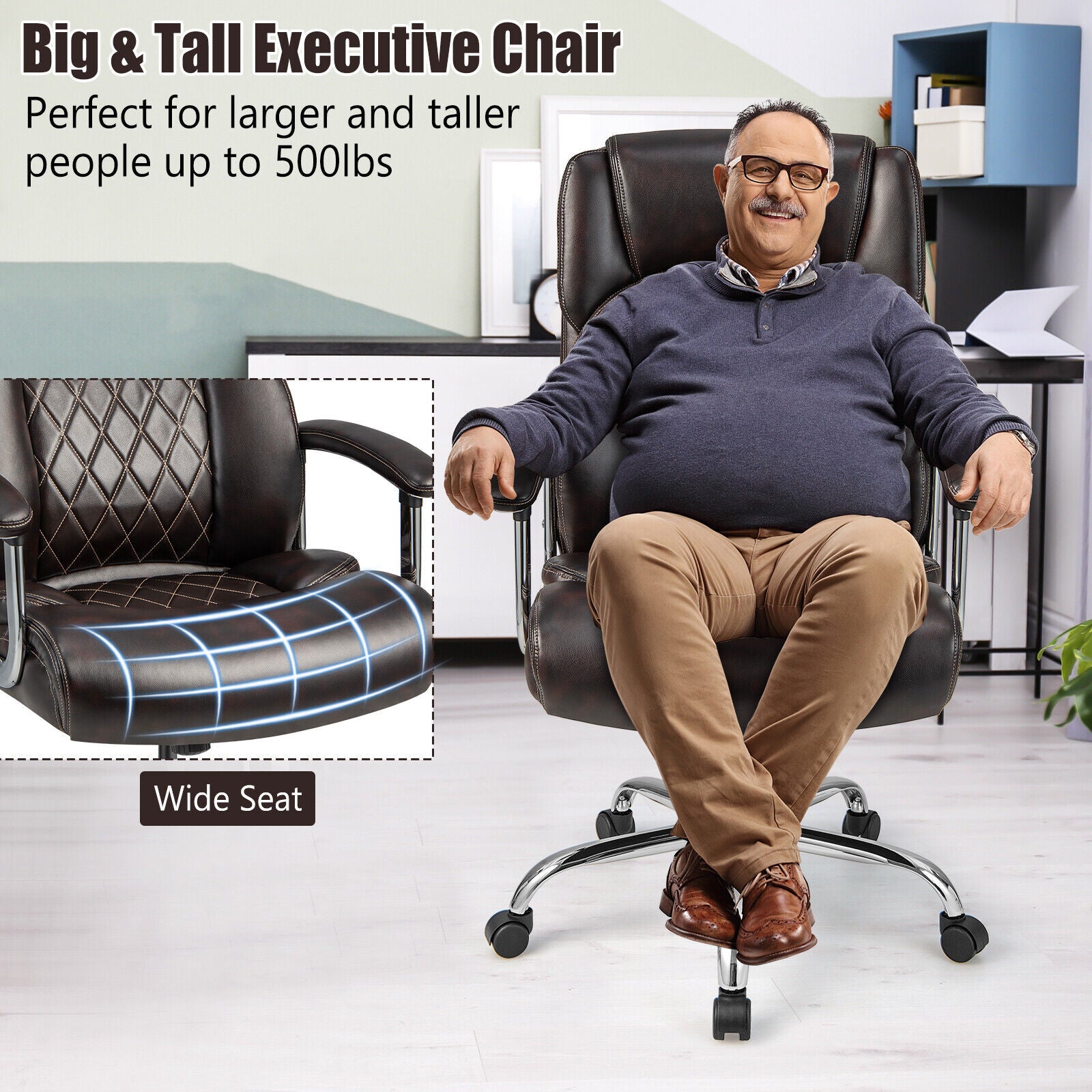 Height Adjustable Big and Tall Office Chair Computer Desk Chair with Metal Base-Brown