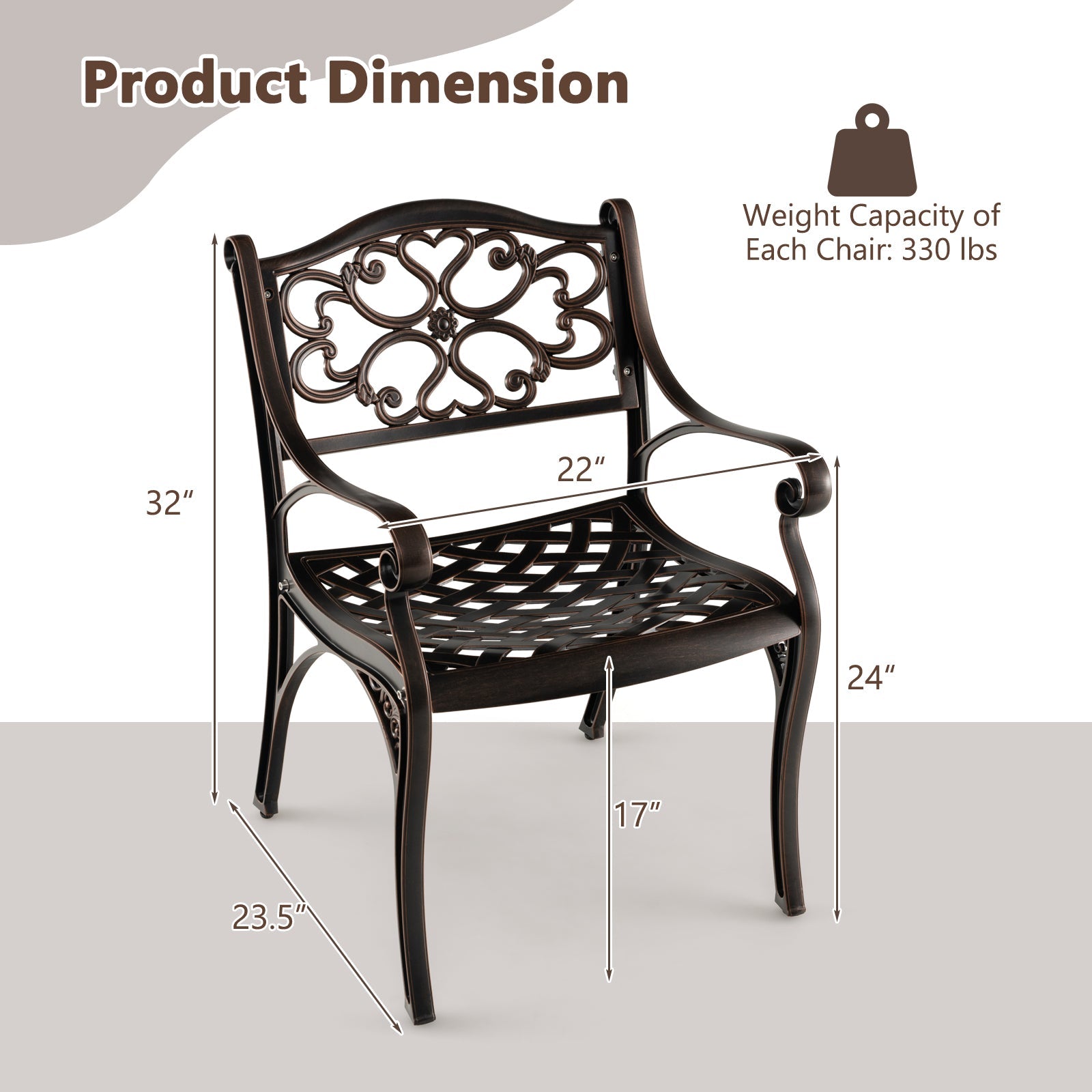 Cast Aluminum Dining Chairs Set of 2 with Patio Chairs Armrests Flower Pattern-Bronze