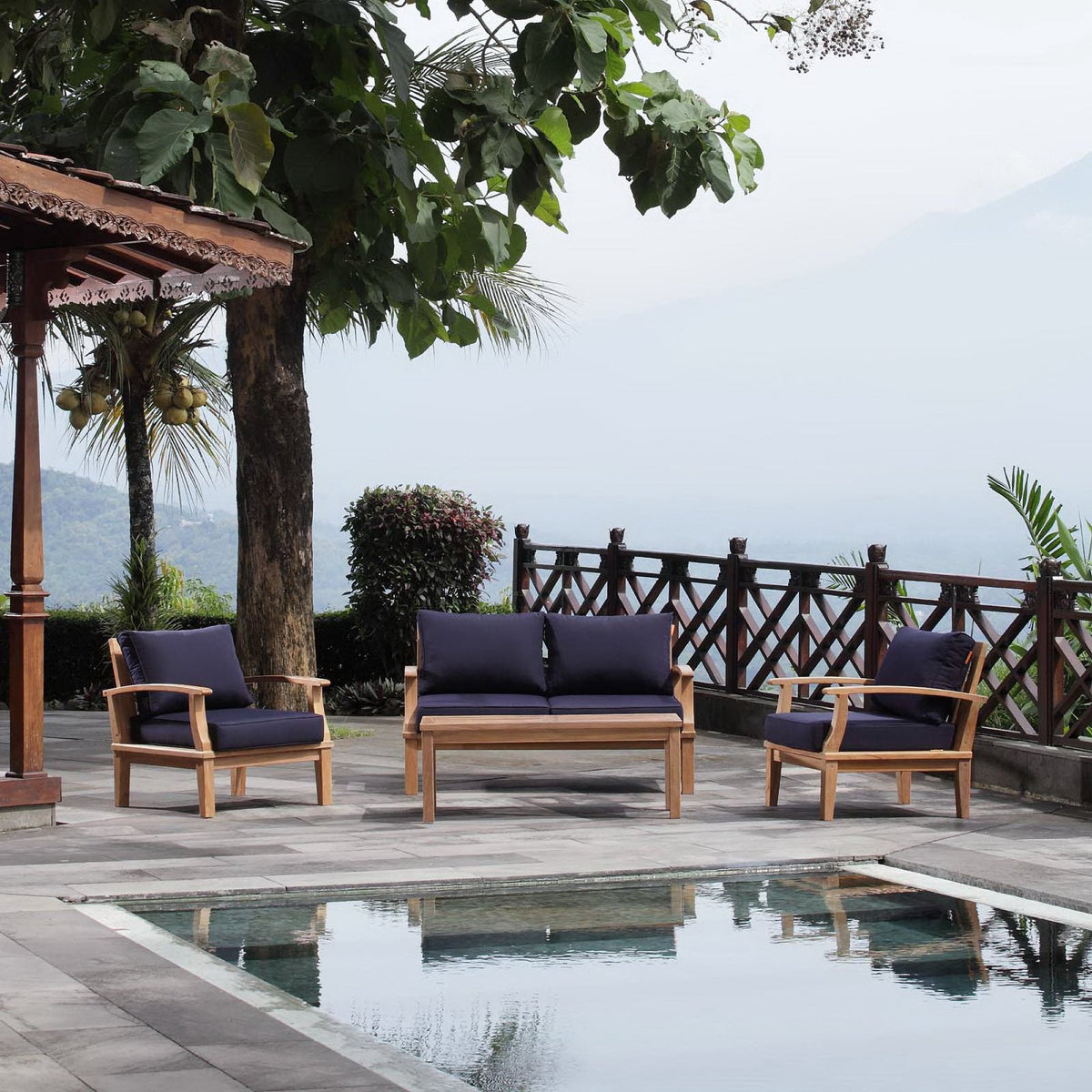 Marina 4 Piece Outdoor Patio Teak Set by Modway - Natural Gray / Natural Navy / Natural White (EEI-1469)