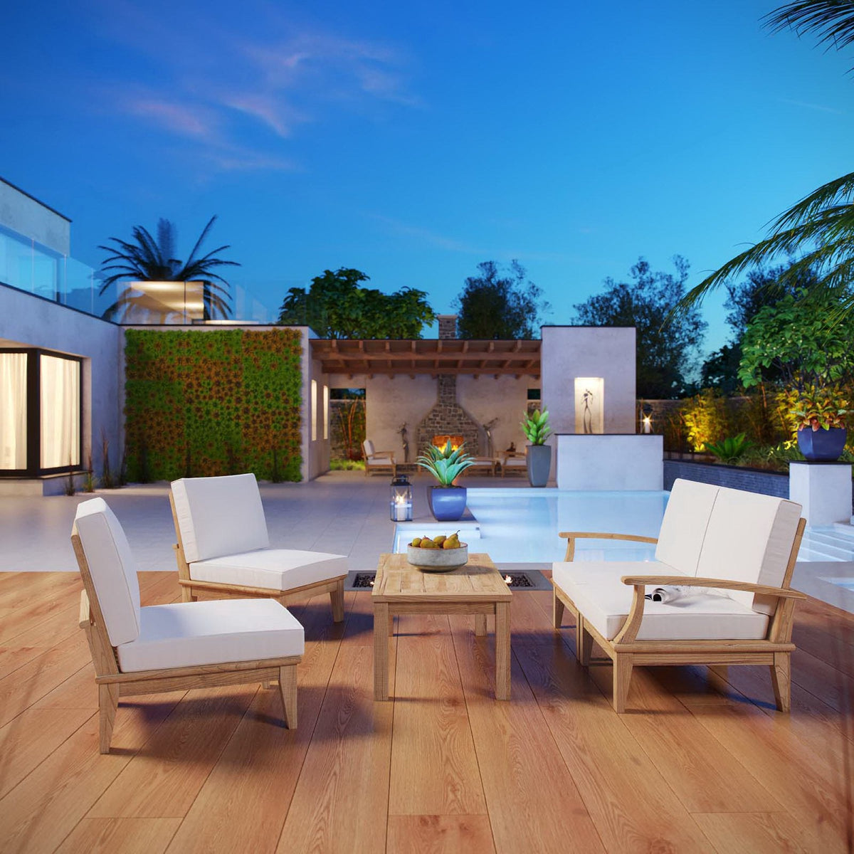Marina 5 Piece Outdoor Patio Teak Set by Modway - Natural Gray / Natural Navy / Natural White (EEI-1477)