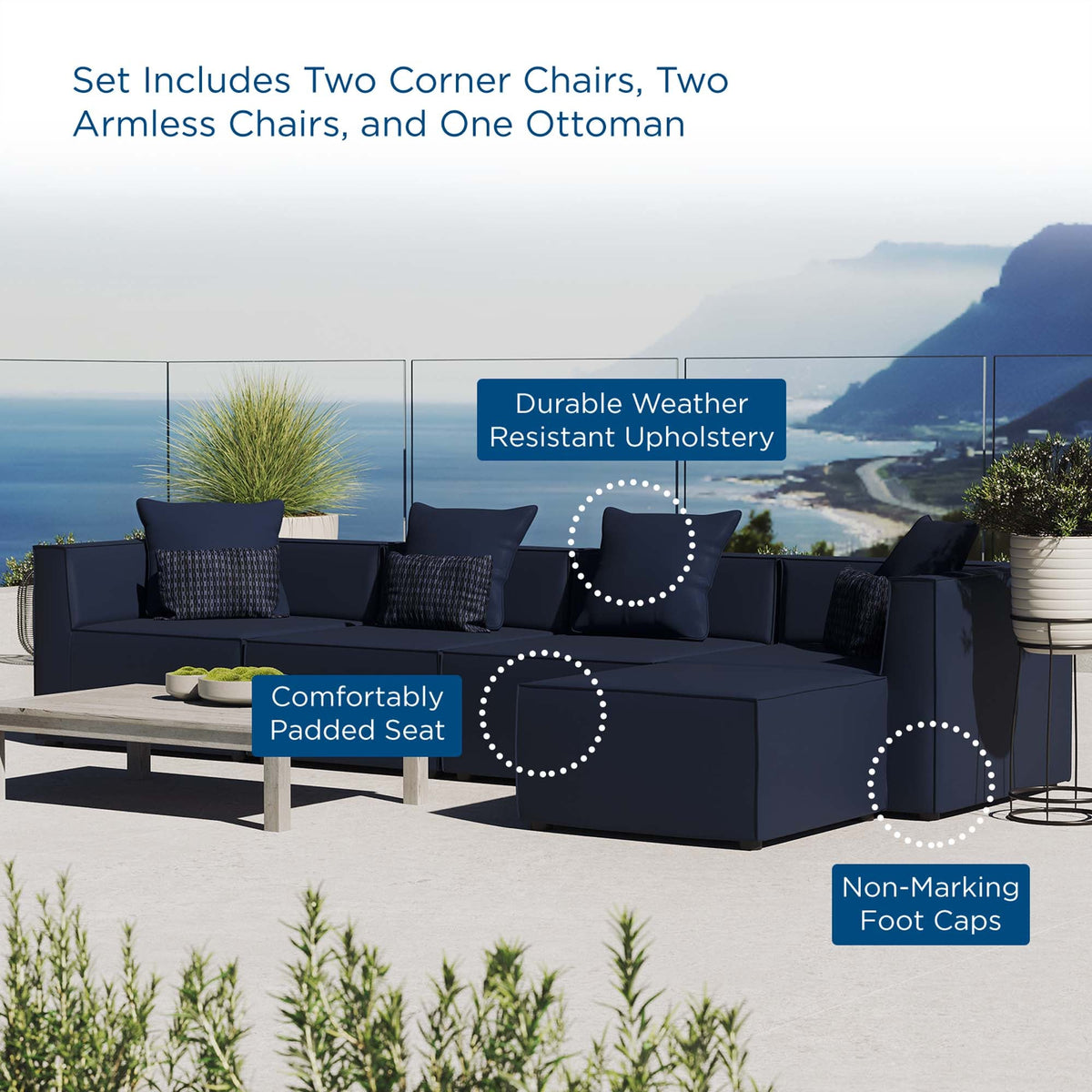 Saybrook 5-Piece Outdoor Patio Upholstered Sectional Sofa by Modway - Gray / Navy / White (EEI-4382)