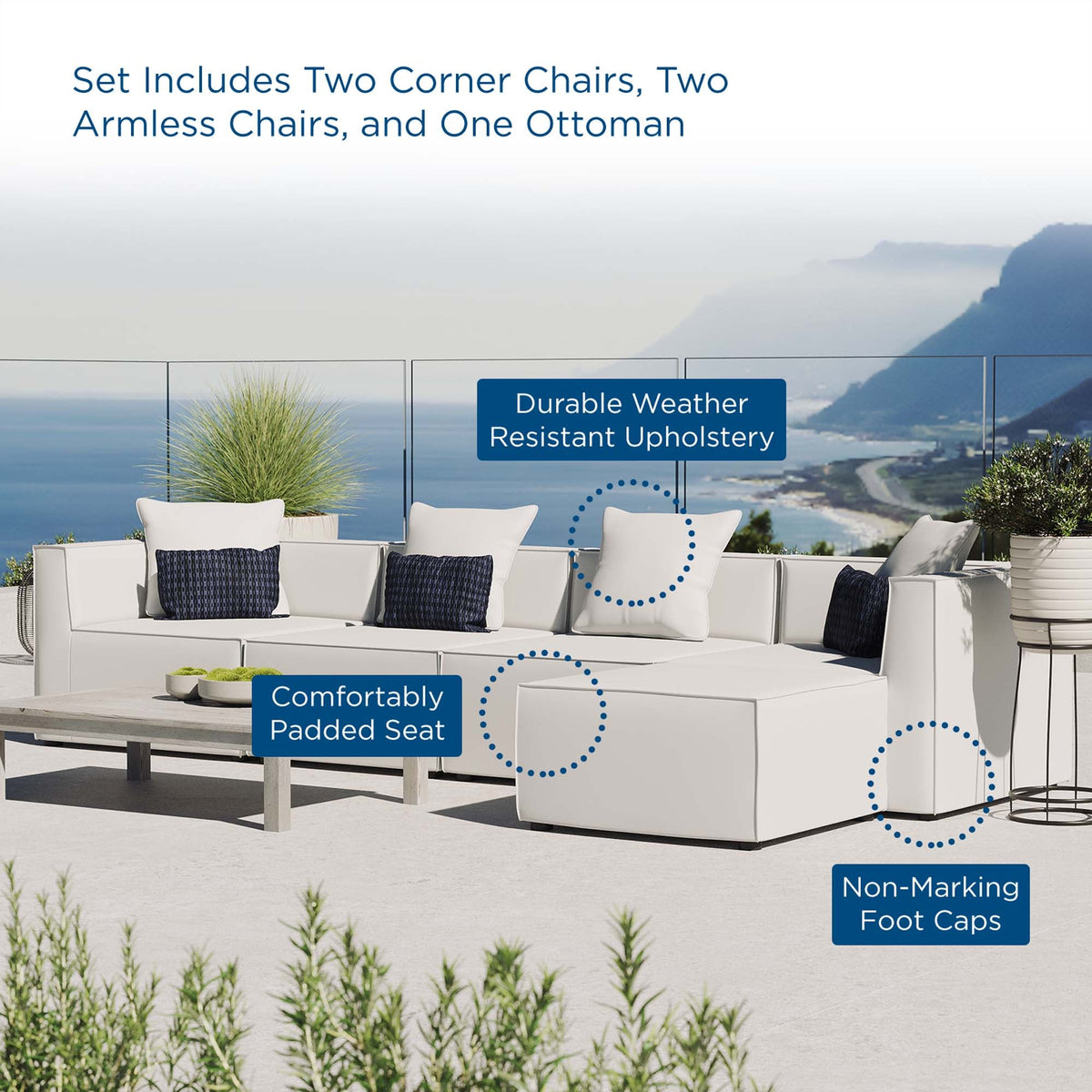 Saybrook 5-Piece Outdoor Patio Upholstered Sectional Sofa by Modway - Gray / Navy / White (EEI-4382)