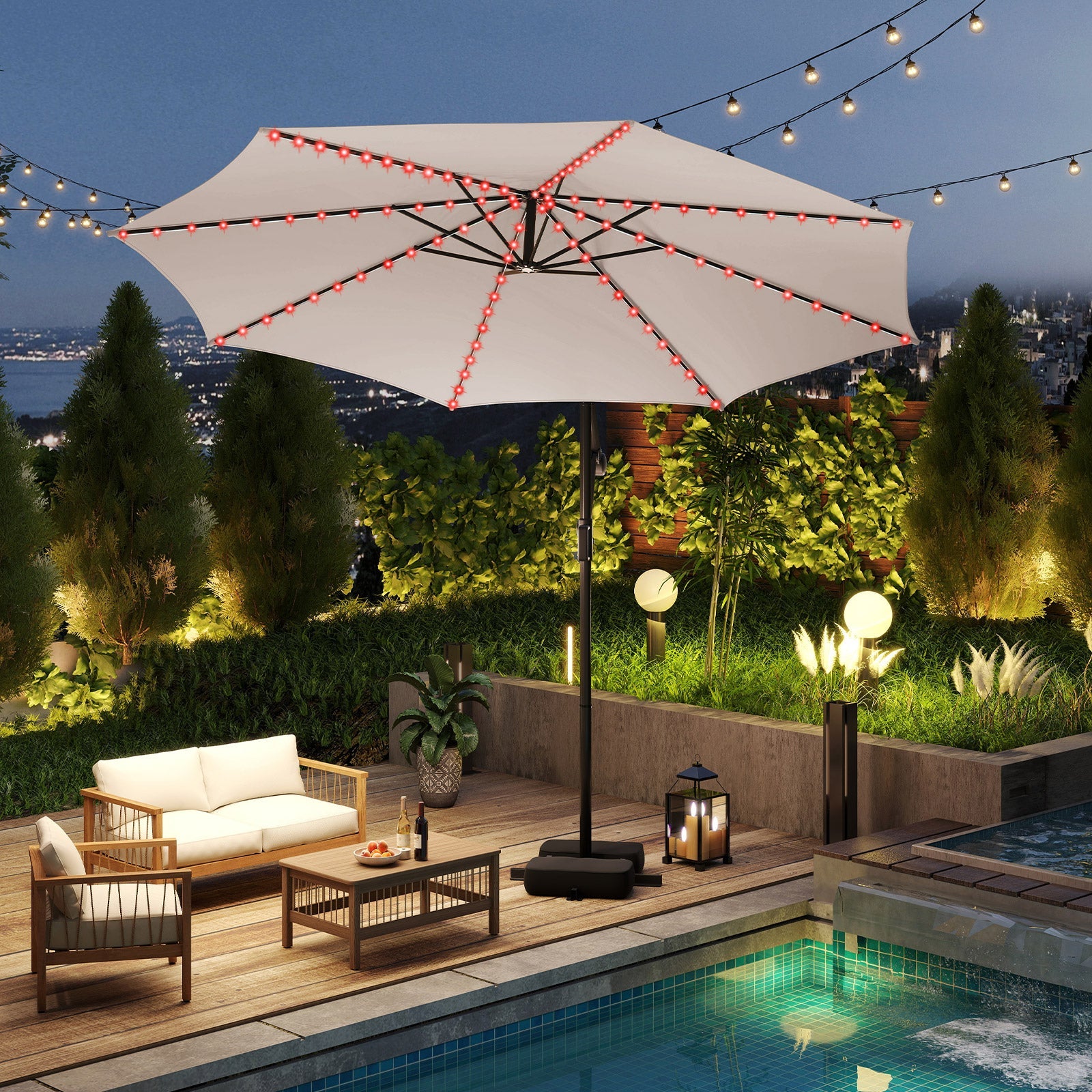 10 Feet Solar Offset Hanging Umbrella with Base and LED Lights-Beige