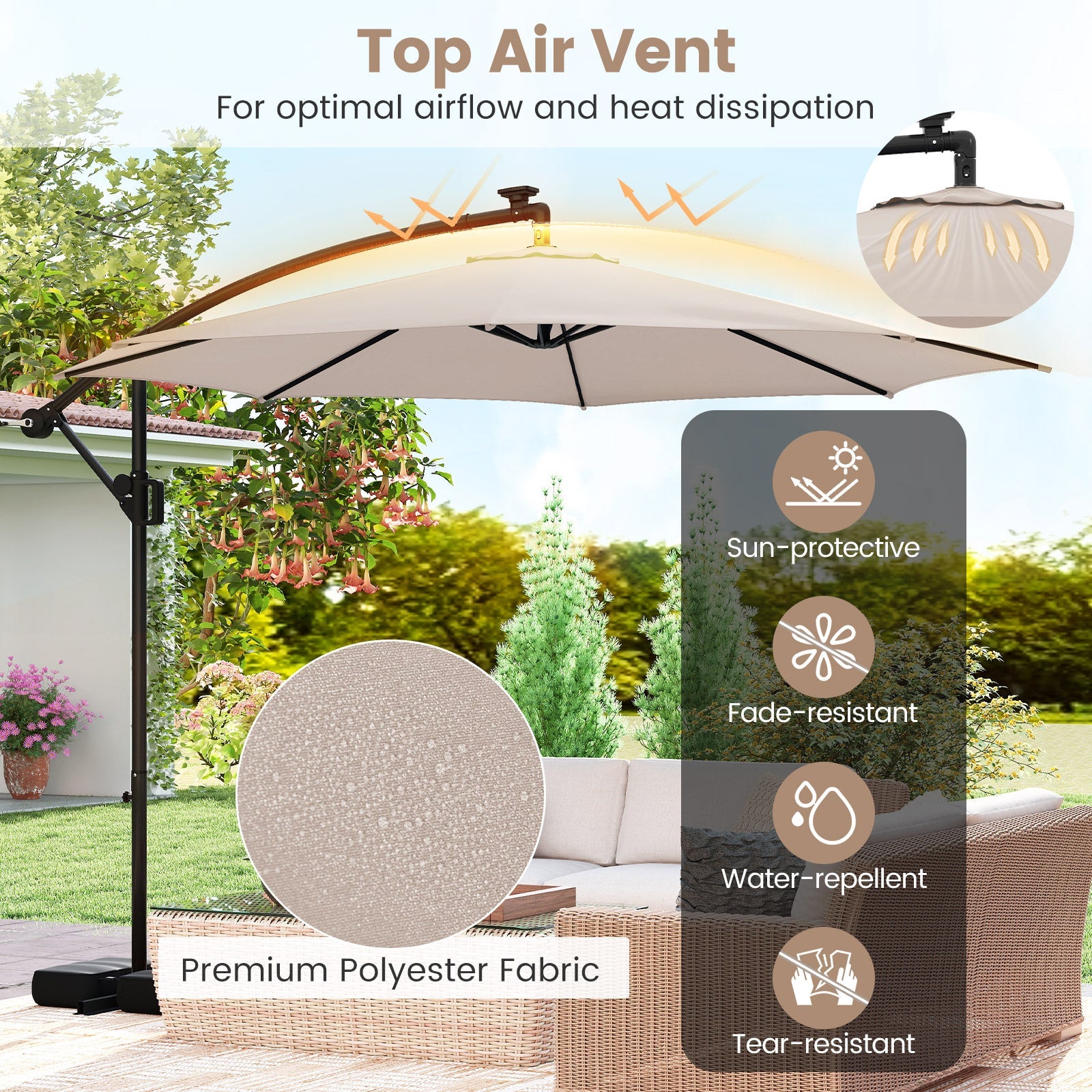 10 Feet Solar Offset Hanging Umbrella with Base and LED Lights-Beige
