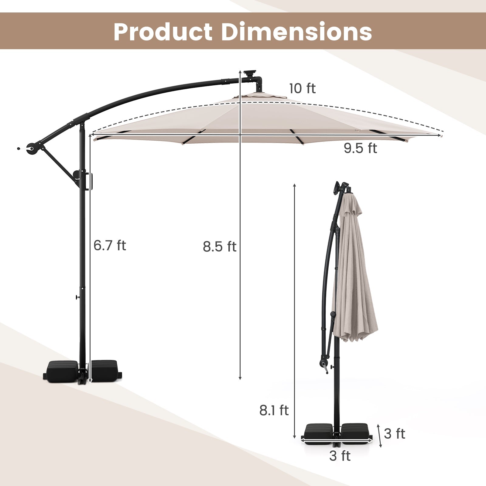 10 Feet Solar Offset Hanging Umbrella with Base and LED Lights-Beige