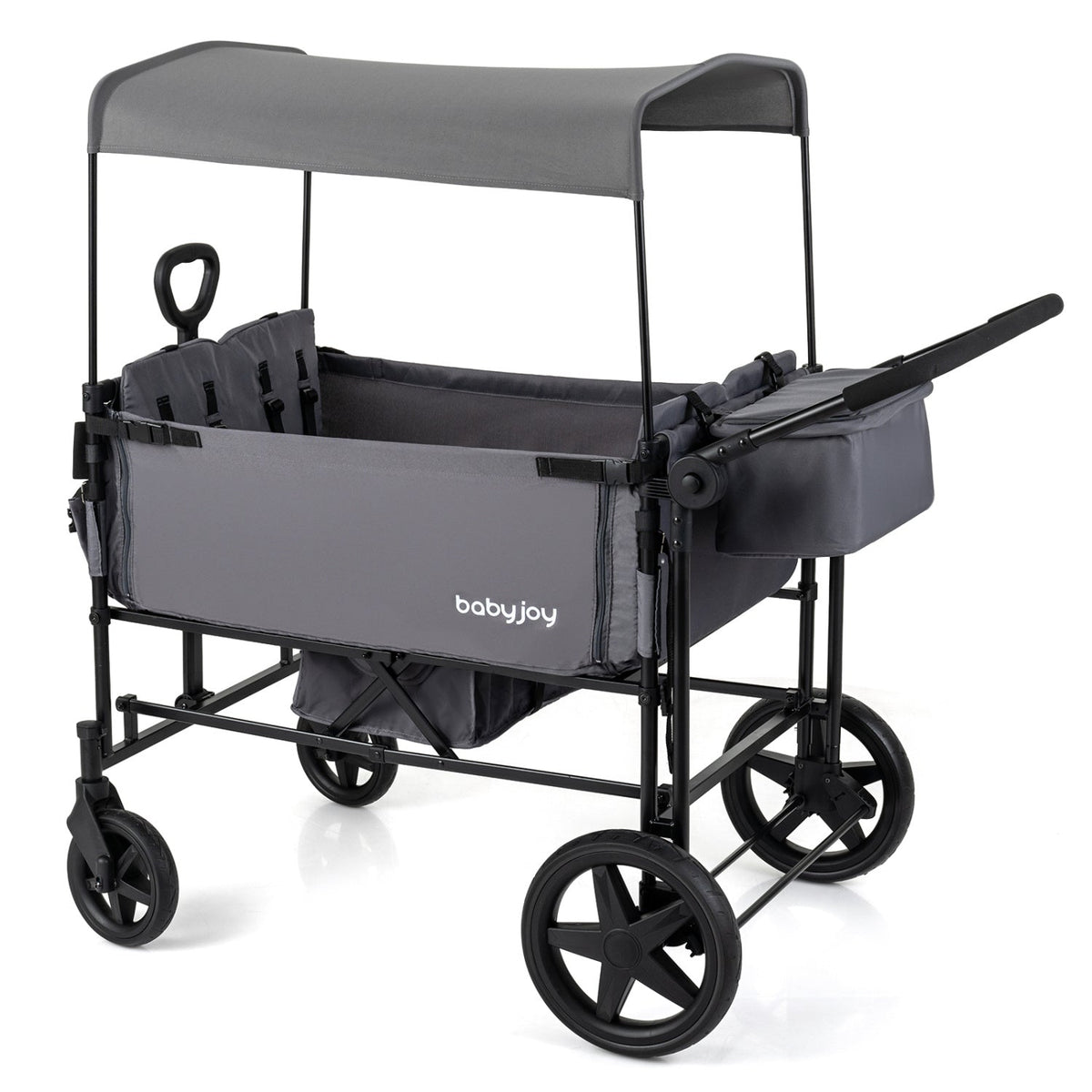 Foldable Wagon Stroller for 4 Kids with Removable Canopy and Adjustable Push