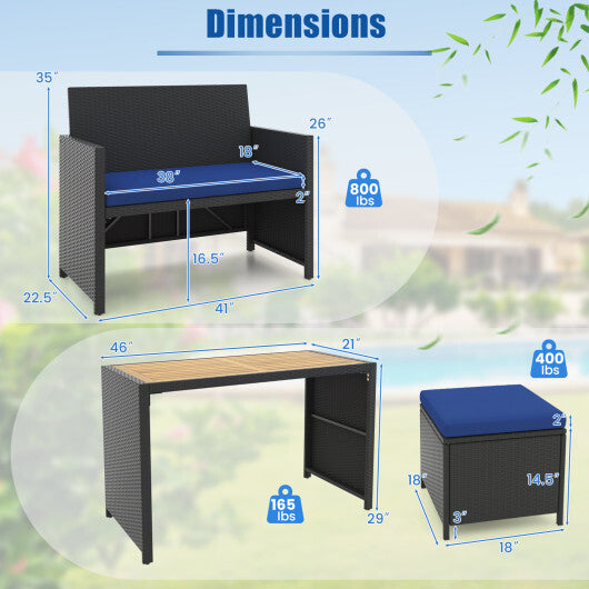 4 Piece Outdoor Dining Set with Wood Topped Dining Table Rattan Loveseat Chair and 2 Ottomans-Navy