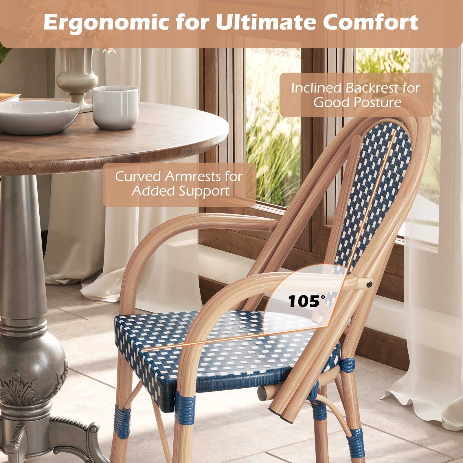Hand-Woven PE Wicker Outdoor French Bistro Chairs Set of 2-Blue