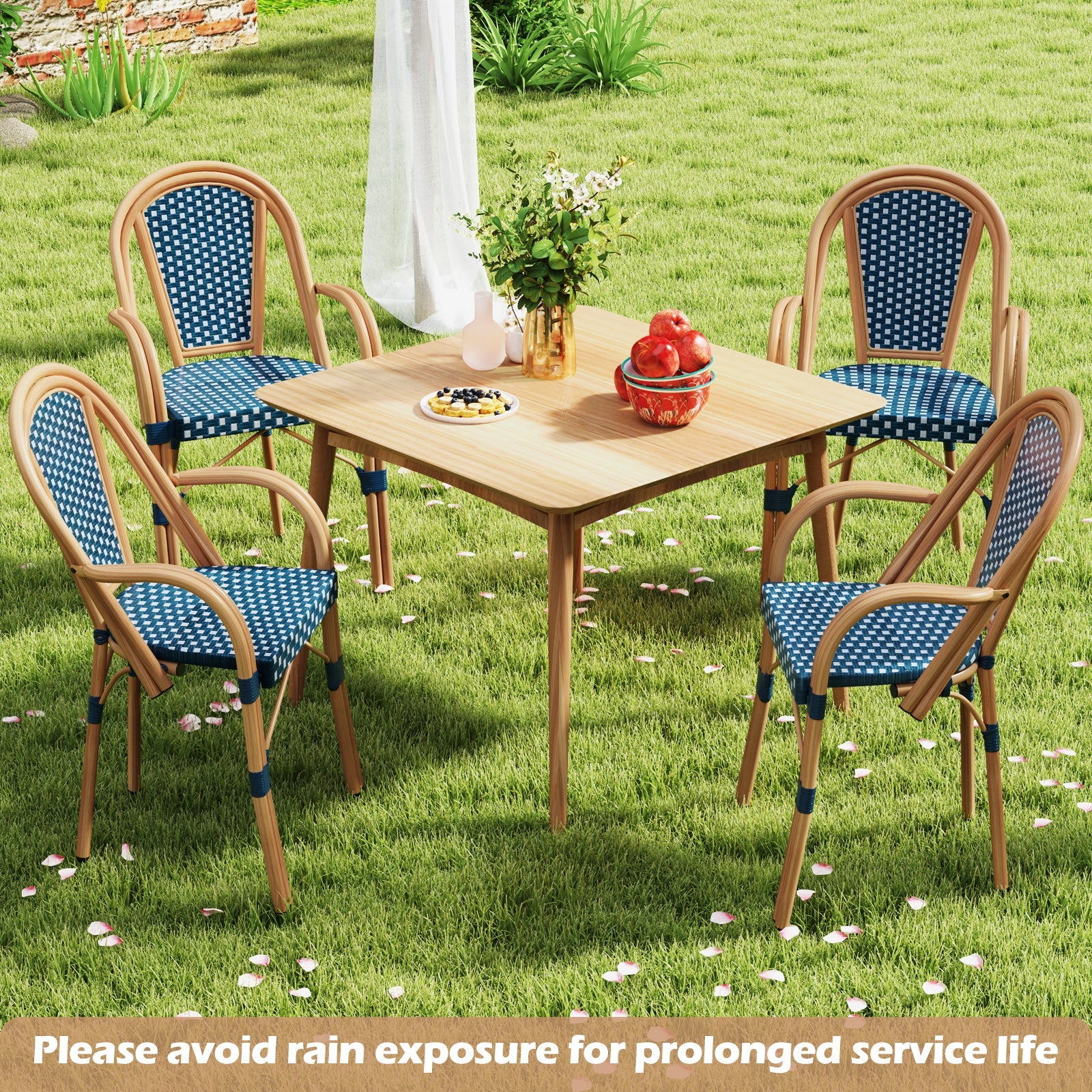 Hand-Woven PE Wicker Outdoor French Bistro Chairs Set of 2-Blue