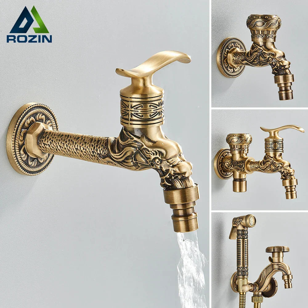 DecorBites™ Dragon Carved Antique Brass Wall Mounted Faucet for Bathroom and Outdoor Use