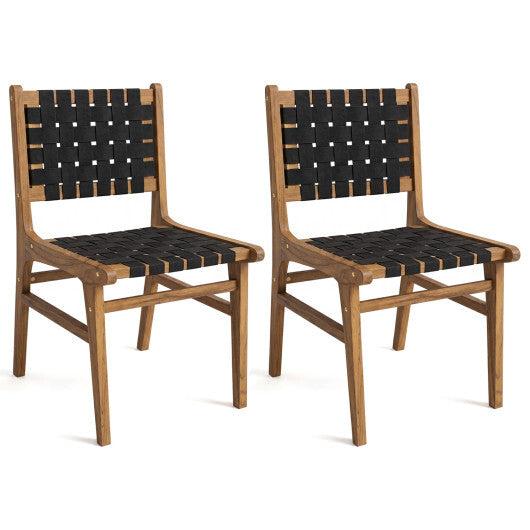 Solid Teak Hand-Woven Strap Outdoor Dining Chair with Flex Support for Deck Garden