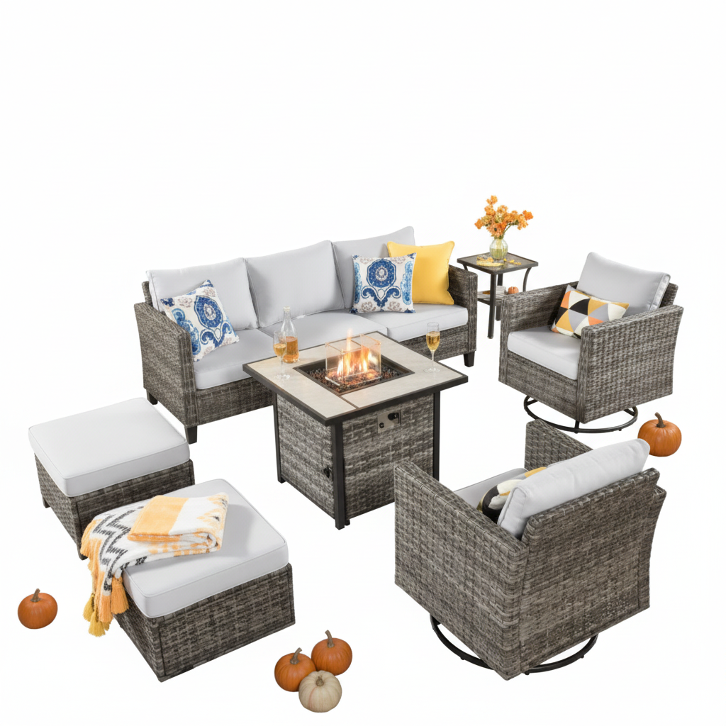 Lullaby 7 -Piece Rattan Patio Sofa Conversation Set with Gray Cushions