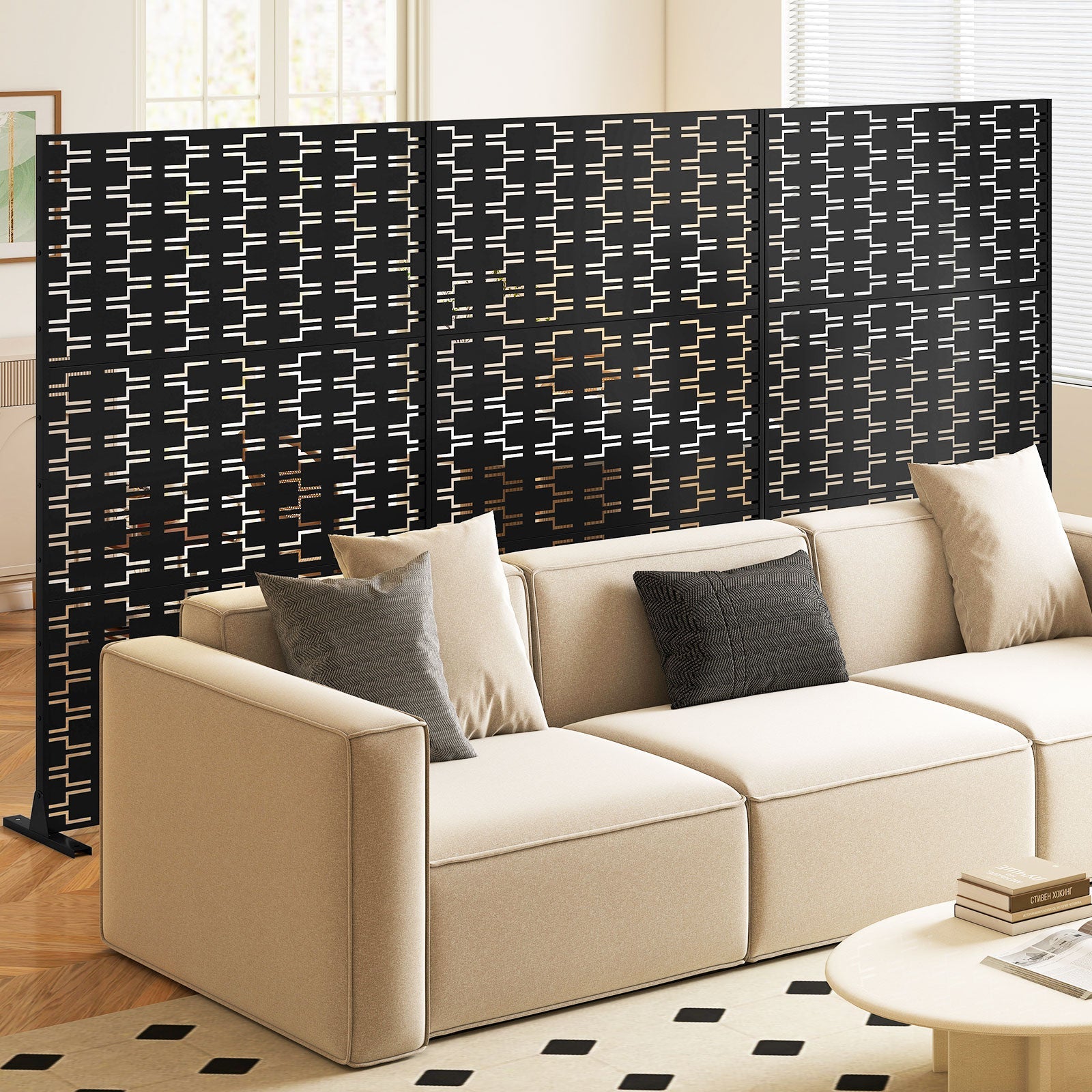 Metal Privacy Screen 72 x 48 Inch Freestanding Fence Panel Indoor Outdoor-Black