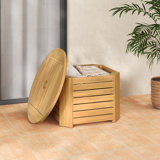 2-in-1 Outdoor Side Table with Storage Acacia Wood Slatted Coffee Table Square and Round Slatted End Storage Box