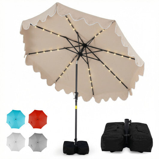 9 FT Outdoor Patio Umbrella with Solar LED Lights and Weighted Base-Beige